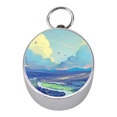 Mountains And Trees Illustration Painting Clouds Sky Landscape Mini Silver Compasses