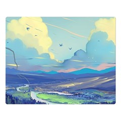 Mountains And Trees Illustration Painting Clouds Sky Landscape Two Sides Premium Plush Fleece Blanket (large)