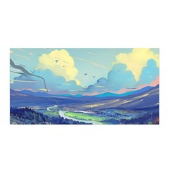 Mountains And Trees Illustration Painting Clouds Sky Landscape Satin Wrap 35  X 70  by Cendanart