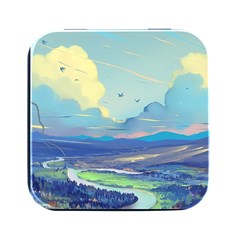 Mountains And Trees Illustration Painting Clouds Sky Landscape Square Metal Box (black)