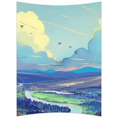 Mountains And Trees Illustration Painting Clouds Sky Landscape Back Support Cushion by Cendanart