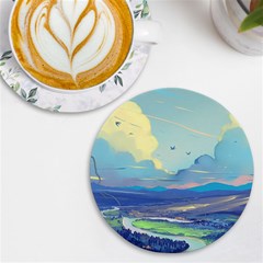 Mountains And Trees Illustration Painting Clouds Sky Landscape Uv Print Round Tile Coaster by Cendanart