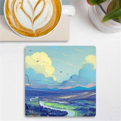 Mountains And Trees Illustration Painting Clouds Sky Landscape Uv Print Square Tile Coaster  by Cendanart