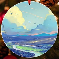 Mountains And Trees Illustration Painting Clouds Sky Landscape Uv Print Acrylic Ornament Round by Cendanart