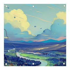 Mountains And Trees Illustration Painting Clouds Sky Landscape Banner And Sign 3  X 3  by Cendanart