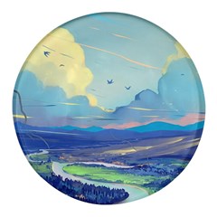 Mountains And Trees Illustration Painting Clouds Sky Landscape Round Glass Fridge Magnet (4 Pack) by Cendanart