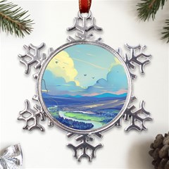 Mountains And Trees Illustration Painting Clouds Sky Landscape Metal Large Snowflake Ornament by Cendanart