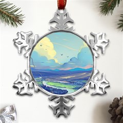 Mountains And Trees Illustration Painting Clouds Sky Landscape Metal Small Snowflake Ornament by Cendanart