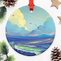 Mountains And Trees Illustration Painting Clouds Sky Landscape Ornament (round) by Cendanart