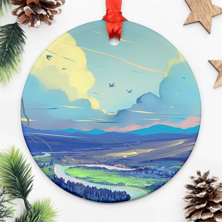 Mountains And Trees Illustration Painting Clouds Sky Landscape Ornament (Round)