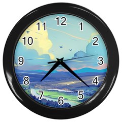 Mountains And Trees Illustration Painting Clouds Sky Landscape Wall Clock (black) by Cendanart