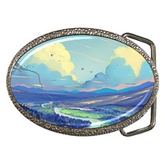 Mountains And Trees Illustration Painting Clouds Sky Landscape Belt Buckles by Cendanart