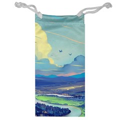 Mountains And Trees Illustration Painting Clouds Sky Landscape Jewelry Bag by Cendanart