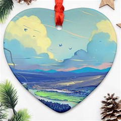 Mountains And Trees Illustration Painting Clouds Sky Landscape Heart Ornament (two Sides) by Cendanart