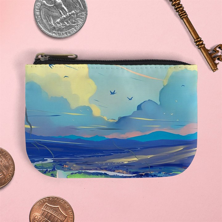 Mountains And Trees Illustration Painting Clouds Sky Landscape Mini Coin Purse