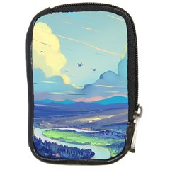 Mountains And Trees Illustration Painting Clouds Sky Landscape Compact Camera Leather Case by Cendanart