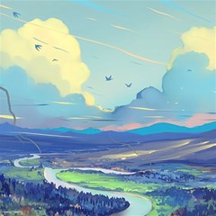 Mountains And Trees Illustration Painting Clouds Sky Landscape Play Mat (rectangle) by Cendanart