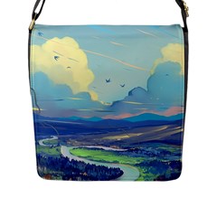 Mountains And Trees Illustration Painting Clouds Sky Landscape Flap Closure Messenger Bag (l) by Cendanart