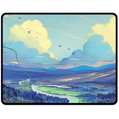 Mountains And Trees Illustration Painting Clouds Sky Landscape Two Sides Fleece Blanket (medium) by Cendanart