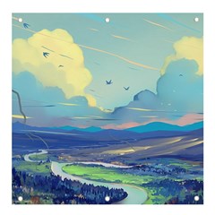 Mountains And Trees Illustration Painting Clouds Sky Landscape Banner And Sign 4  X 4  by Cendanart