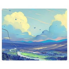 Mountains And Trees Illustration Painting Clouds Sky Landscape Premium Plush Fleece Blanket (medium) by Cendanart