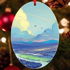 Mountains And Trees Illustration Painting Clouds Sky Landscape Uv Print Acrylic Ornament Oval by Cendanart