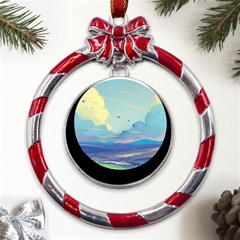 Mountains And Trees Illustration Painting Clouds Sky Landscape Metal Red Ribbon Round Ornament by Cendanart