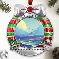 Mountains And Trees Illustration Painting Clouds Sky Landscape Metal X mas Ribbon With Red Crystal Round Ornament by Cendanart