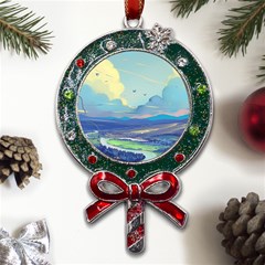 Mountains And Trees Illustration Painting Clouds Sky Landscape Metal X mas Lollipop With Crystal Ornament by Cendanart