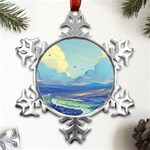 Mountains And Trees Illustration Painting Clouds Sky Landscape Metal Small Snowflake Ornament Front