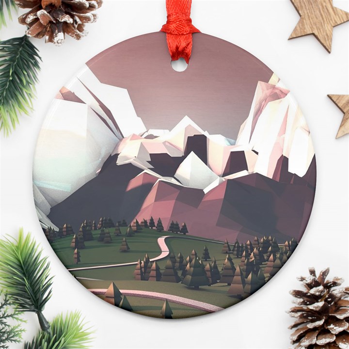 White And Brown Mountain Illustration Digital Art Round Ornament (Two Sides)