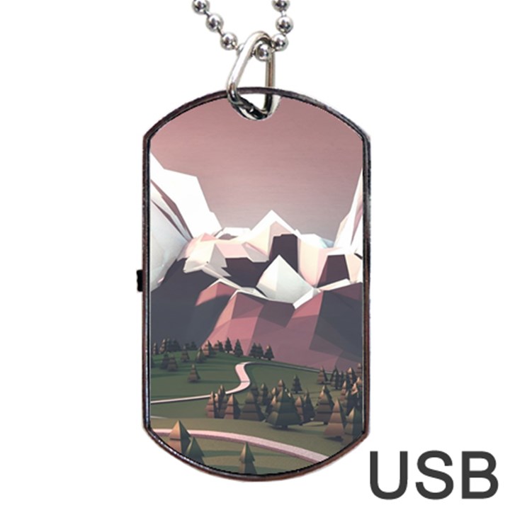 White And Brown Mountain Illustration Digital Art Dog Tag USB Flash (Two Sides)