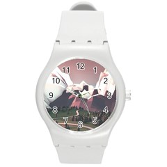 White And Brown Mountain Illustration Digital Art Round Plastic Sport Watch (m) by Cendanart