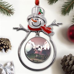 White And Brown Mountain Illustration Digital Art Metal Snowman Ornament by Cendanart