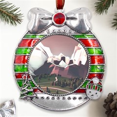 White And Brown Mountain Illustration Digital Art Metal X mas Ribbon With Red Crystal Round Ornament by Cendanart