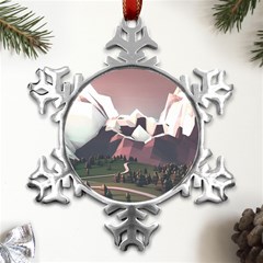 White And Brown Mountain Illustration Digital Art Metal Small Snowflake Ornament by Cendanart