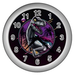 Style Dinosaur  80s Synth Retrowave Wall Clock (silver) by Cendanart