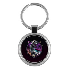 Style Dinosaur  80s Synth Retrowave Key Chain (round) by Cendanart