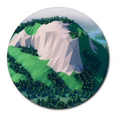 Green And White Polygonal Mountain Round Mousepad by Cendanart