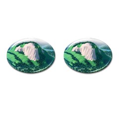 Green And White Polygonal Mountain Cufflinks (oval) by Cendanart