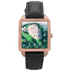 Green And White Polygonal Mountain Rose Gold Leather Watch  by Cendanart