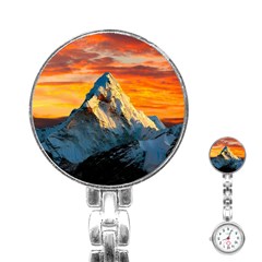 Snow Capped Mountain Himalayas Clouds Landscape Nature Stainless Steel Nurses Watch by Cendanart