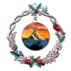 Snow Capped Mountain Himalayas Clouds Landscape Nature Metal X mas Wreath Holly Leaf Ornament