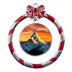 Snow Capped Mountain Himalayas Clouds Landscape Nature Metal Red Ribbon Round Ornament