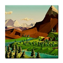 River Between Green Forest With Brown Mountain Tile Coaster by Cendanart