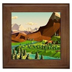 River Between Green Forest With Brown Mountain Framed Tile by Cendanart