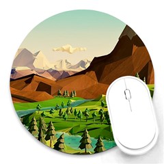 River Between Green Forest With Brown Mountain Round Mousepad by Cendanart