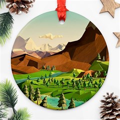 River Between Green Forest With Brown Mountain Ornament (round) by Cendanart