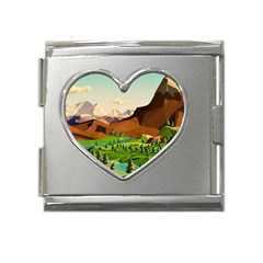 River Between Green Forest With Brown Mountain Mega Link Heart Italian Charm (18mm) by Cendanart