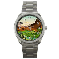 River Between Green Forest With Brown Mountain Sport Metal Watch by Cendanart